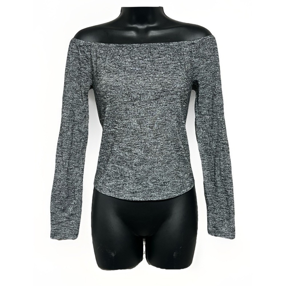 Off Shoulder Top Small Gray Fitted Stretch Long Sleeve Slim Fit Minimal